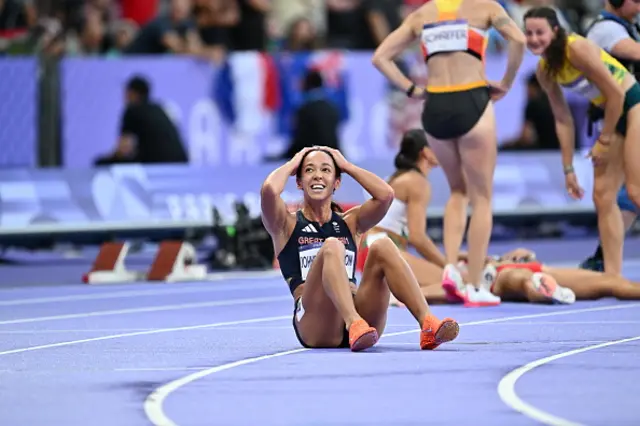 Katarina Johnson-Thompson of Team Great Britain reacts