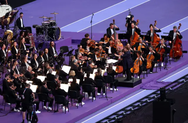 A general view as an Orchestra performs during the Closing Ceremony of the Olympic Games Paris 2024 at Stade de France on August