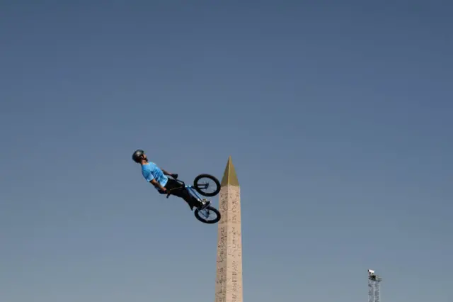 Argentina's Jose Torres Gil takes part in a BMX freestyle training session during the Paris 2024 Olympic Games at La Concorde in Paris