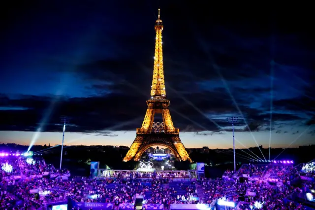 The Eiffel Tower with the Olympic rings