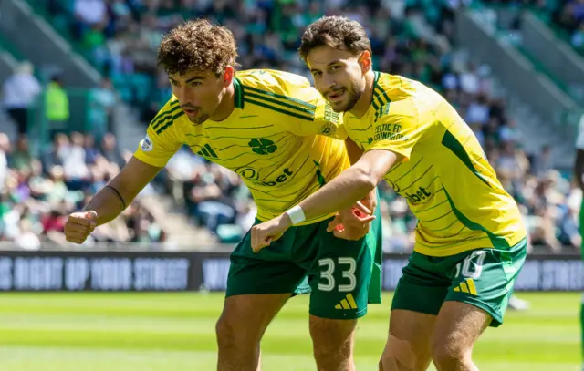 Celtic's Nicolas Kuhn celebrates with Matt O'Riley