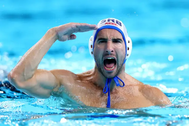 Serbia's Strahinja Rasovic celebrating