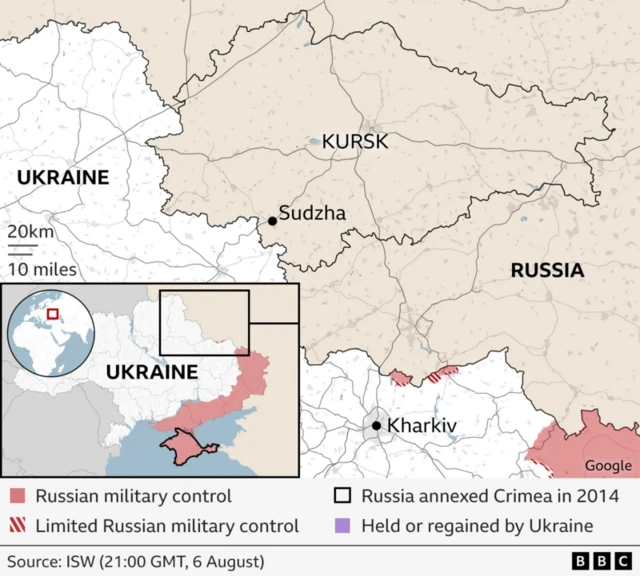 A map depicting the border between Ukraine and Russia. Kharkiv, Sudzha and Kursk are marked