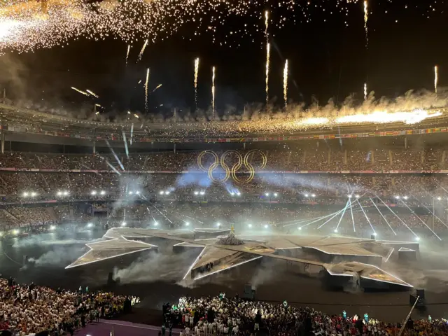 The Stade de France lit up by Olympic rings