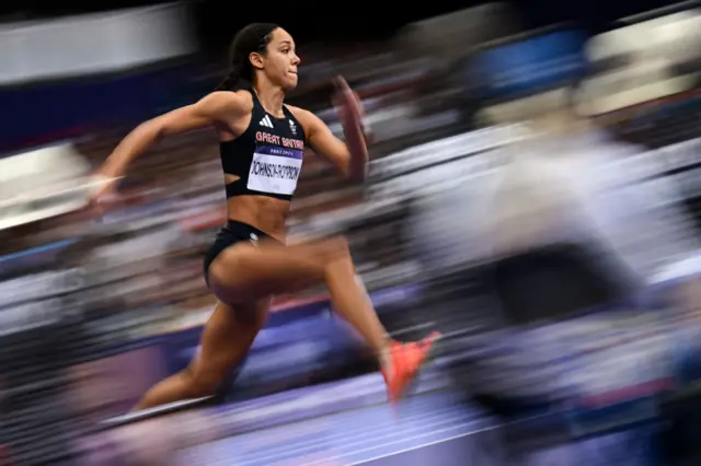 Britain's Katarina Johnson-Thompson competes in the women's heptathlon high jump of the athletics event at the Paris 2024 Olympic Games at Stade de France