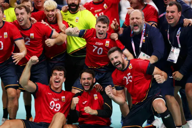 Team Spain celebrate winning the Men's Bronze Medal match between Team Spain and Team Slovenia