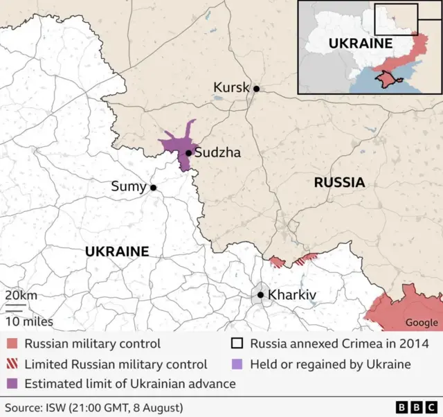 Map showing the border between Ukraine and Russia. Points out Kursk, Sudzha, Sumy and Kharkiv