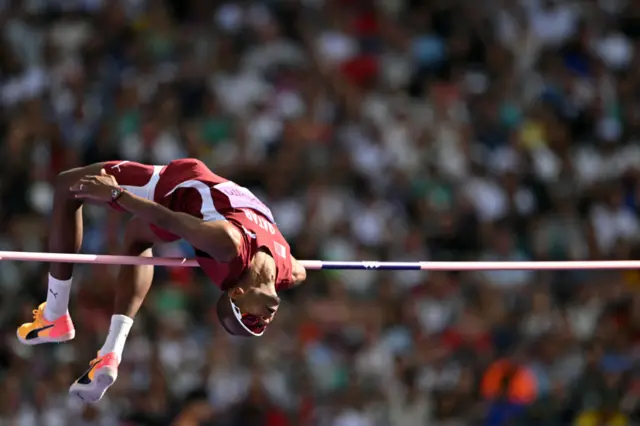 Qatar's Mutaz Essa Barshim competes in the men's high jump qualification of the athletics event at the Paris 2024 Olympic Games at Stade de France in Saint-Denis