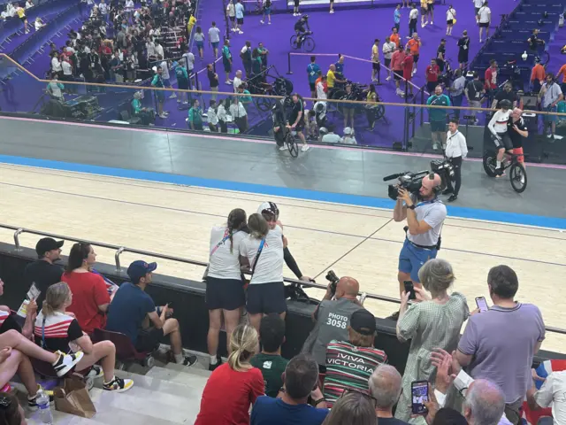 Emma Finucane celebrates with Katy Marchant and Jess Roberts