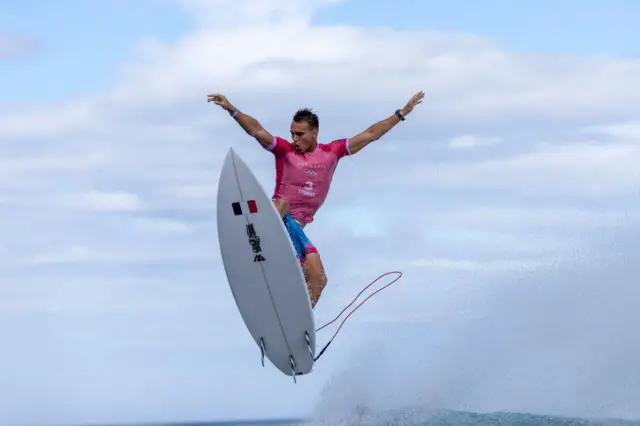 Kauli Vaast of Team France exits a wave during round two of surfing on day two of the Olympic Games Paris 2024 on July 28, 2024 in Teahupo'o, French Polynesia