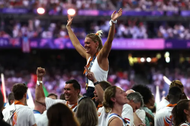 Gold Medallist Sharon van Rouwendaal of Team Netherlands celebrates during the Closing Ceremony of the Olympic Games Paris 2024