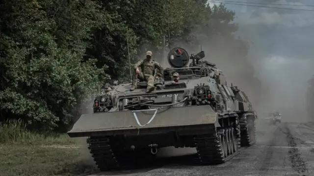 A Ukrainian tank is seen in the Sumy region near the Russian border.