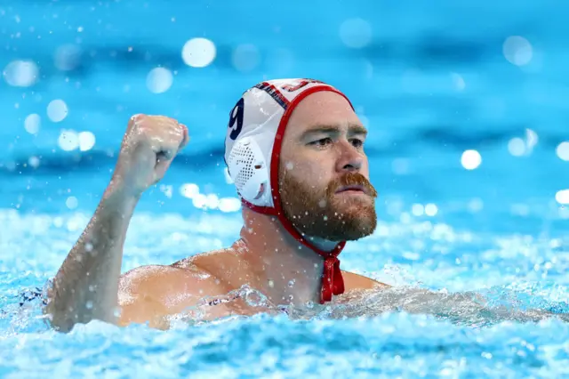 Alex Bowen of Team United States celebrates during the penalty shoot out during the Bronze Medal match between Team United States and Team Hungary