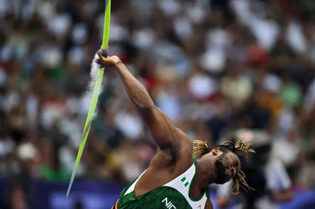 Nigeria's Chinecherem Nnamdi competes in the men's javelin throw qualification of the athletics event at the Paris 2024 Olympic Games at Stade de France in Saint-Denis