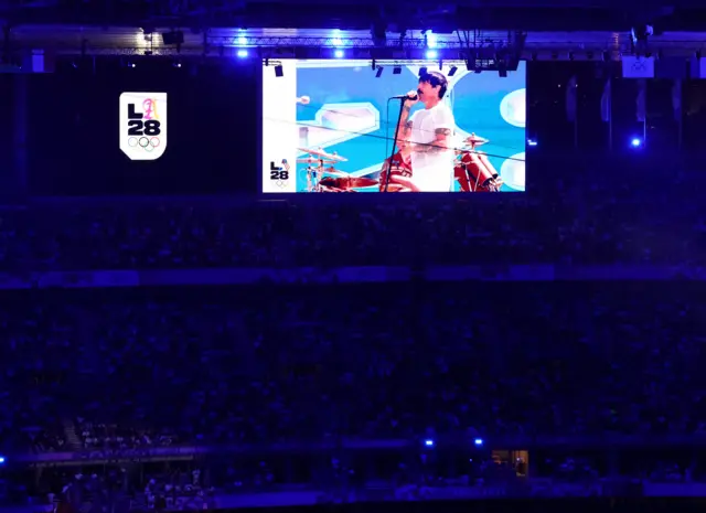 General view of the big screen of Red Hot Chili Peppers performing in Los Angeles during closing ceremony