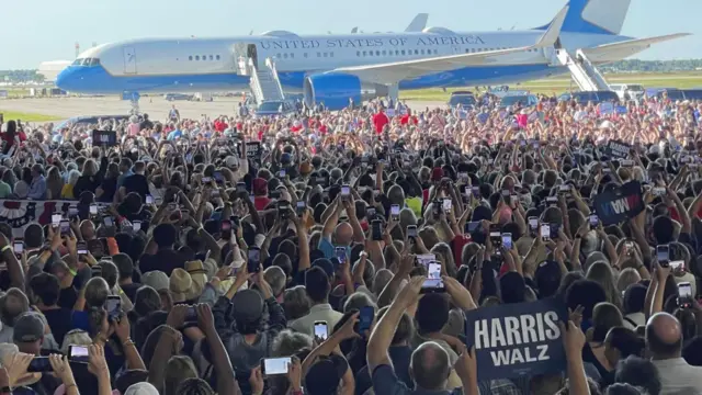 A crowd which gathered to see Vice President Kamala Harris speak in Michigan in August 2024