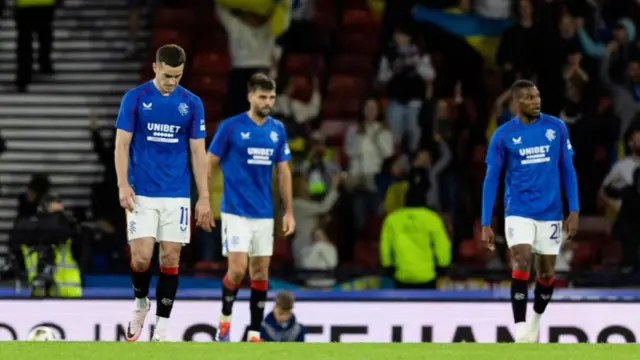 Rangers' Tom Lawrence looks dejected during a UEFA Champions League Qualifier 2nd Leg match between Rangers and Dynamo Kyiv at Hampden Park, on August 13, 2024, in Glasgow, Scotland. (Photo by Craig Williamson / SNS Group)