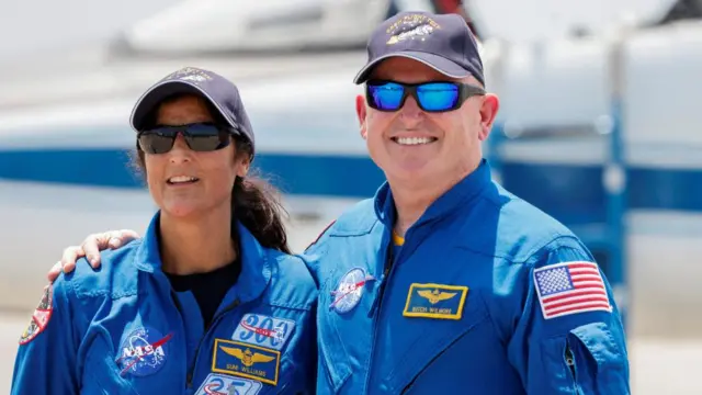 NASA astronauts Butch Wilmore and Suni Williams pose ahead of the launch of Boeing's Starliner-1 Crew Flight Test (CFT), in Cape Canaveral, Florida, U.S., April 25, 2024.