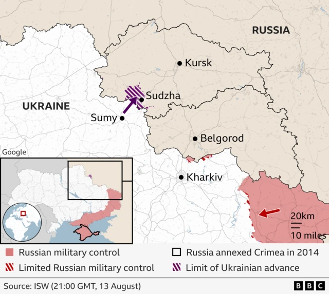 Map showing split of Russian military control, limit of Ukrainian advance and parts of Ukraine with limited Russian military control since Russia launched its full-scale invasion of Ukraine in 2022.