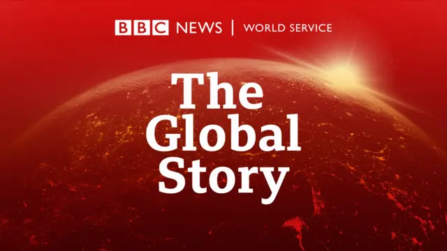 The earth with a red tint with the text The Global Story BBC News World Service