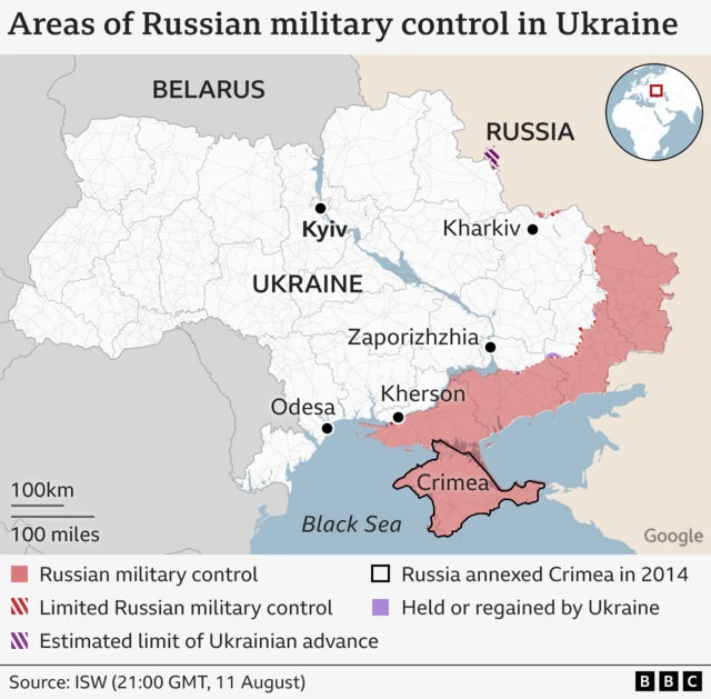 Map showing which areas of Ukraine are under Russian military control or limited Russian control