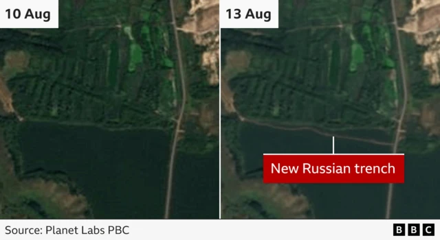 Two satellite pictures showing that new trenches have been built