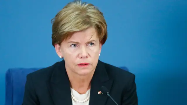 Latvian Foreign Minister Baiba Braze at a press conference in July