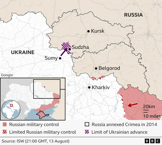 Map shows north-east border of Ukraine with Russia, with Sudzha highlighted as "limit of Ukrainian advance". Also shows areas of Russian military control, limited Russian military control and Crimea which was annexed by Russia in 2014