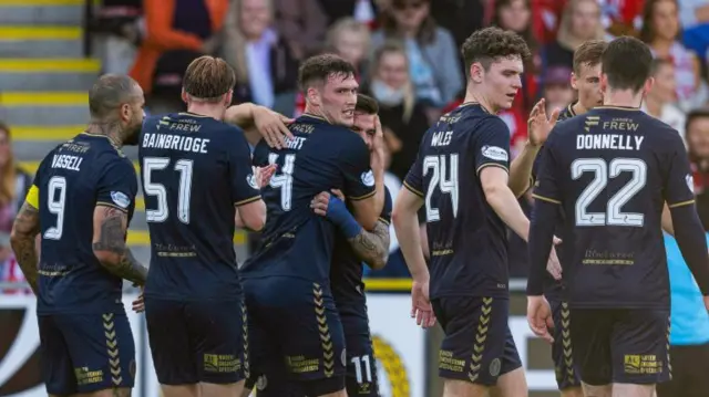 Kilmarnock's Joe Wright celebrates with his team mates as he scores to make it 1-0 during a UEFA Conference League qualifying match between Tromso and Kilmarnock at the Romssa Arena, on August 15, 2024, in Tromso, Norway. (Photo by Craig Foy / SNS Group)