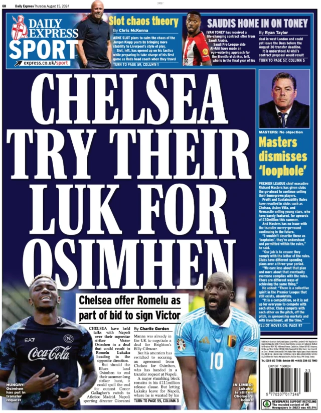 Back page of the Daily Express on 15 August 2024