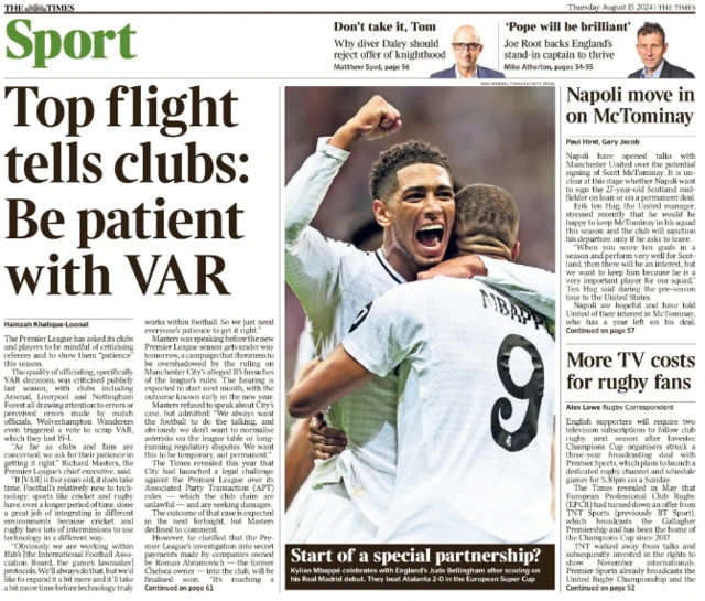 Back page of the Times on 15 August 2024