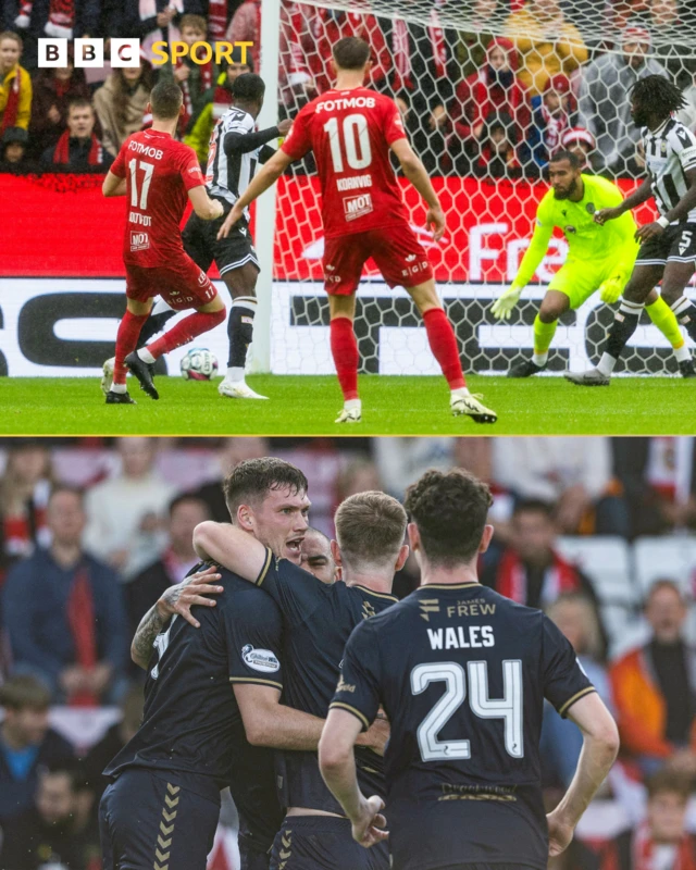 J. Soltvedt scores for SK Brann v St Mirren & Joe Wright celebrates after putting Kilmarnock 1-0 against Tromso