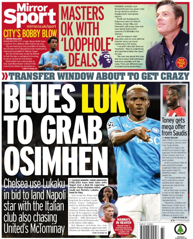 Back page of the Daily Mirror on 15 August 2024