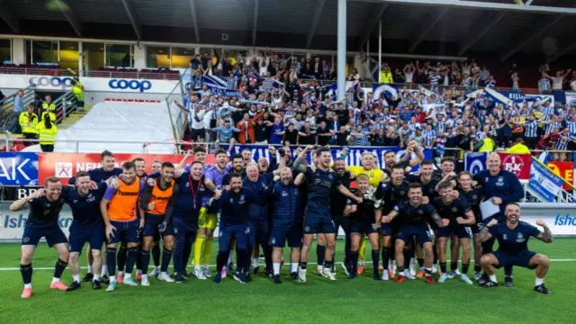 The Kilmarnock squad celebrate in front of the fans as they win a UEFA Conference League qualifying match between Tromso and Kilmarnock at the Romssa Arena, on August 15, 2024, in Tromso, Norway. (Photo by Craig Foy / SNS Group)