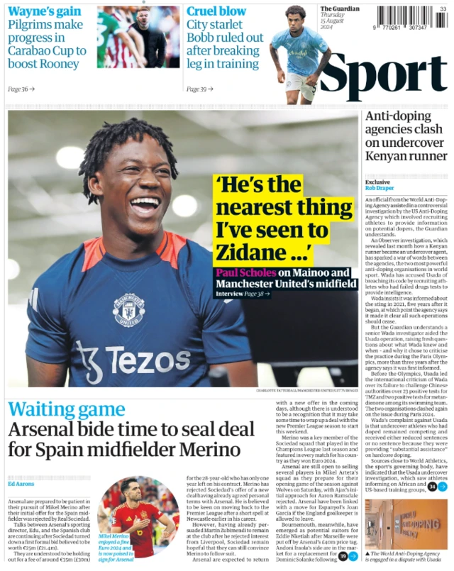 Lead sport page of the Guardian on 15 August 2024
