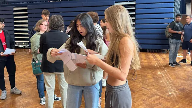 Students at Myton School in Warwick react to their exam results.