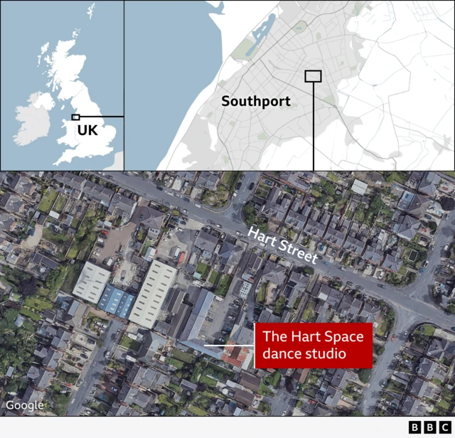 Map of Southport locating the dance studio where the attack took place