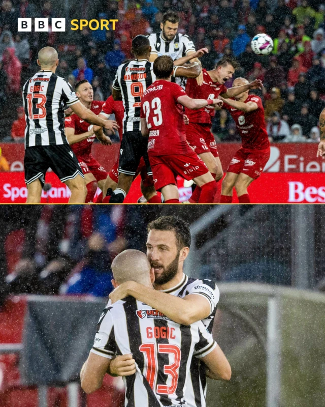 Image of St Mirren's equaliser against SK Brann & subsequent celebration from goalscorer Iacovitti.