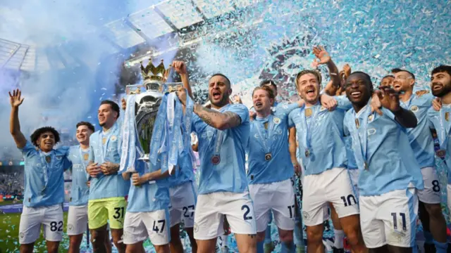 Manchester City lifting the Premier League trophy in 2024