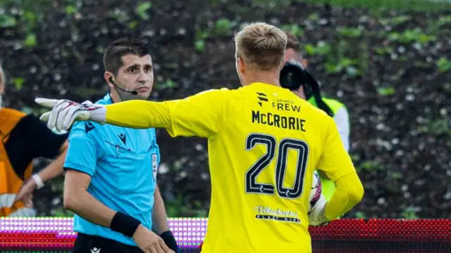 Kilmarnock's Robby McCrorie complains about an indirect free-kick being given against Kilmarnock during a UEFA Conference League qualifying match between Tromso and Kilmarnock at the Romssa Arena, on August 15, 2024, in Tromso, Norway. (Photo by Craig Foy / SNS Group)