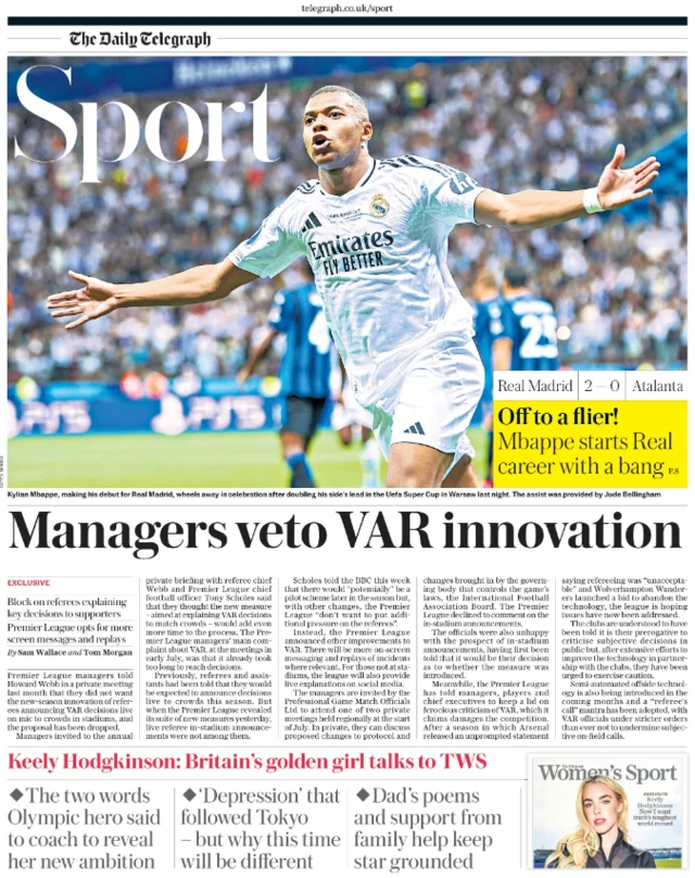 Lead sport page of the Daily Telegraph on 15 August 2024