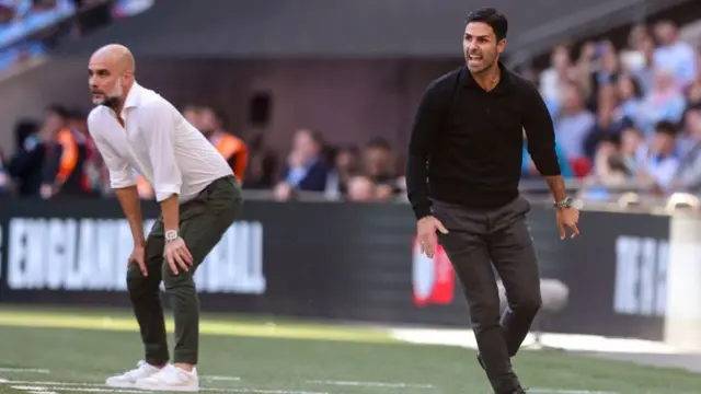 Head Coaches Pep Guardiola of Manchester City with Mikel Arteta of Arsenal during The FA Community Shield match between Manchester City against Arsenal at Wembley Stadium on August 06, 2023 in London, England.