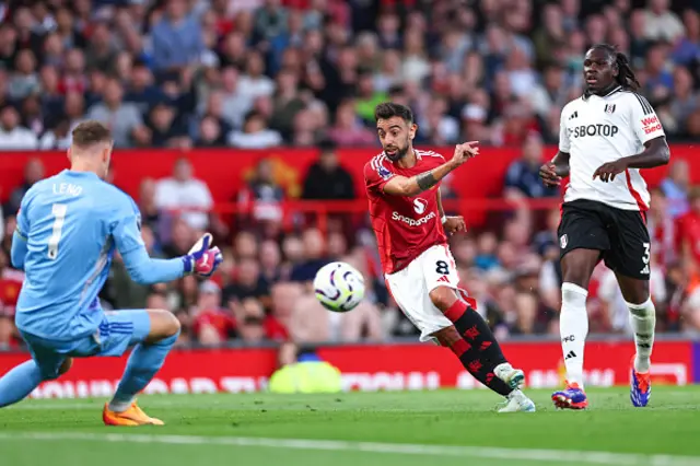 Bruno Fernandes of Manchester United has a shot saved