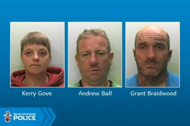 Undated handout photo issued by Devon and Cornwall Police of a composite image of (left to right) Kerry Gove, 34, Andrew Ball, 49, and Grant Braidwood, 40