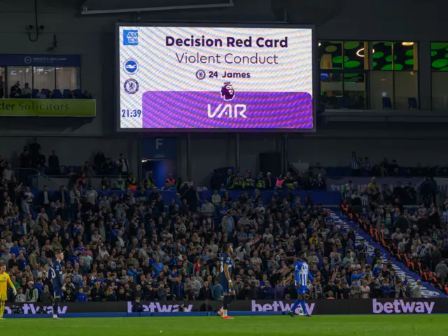 Red card for Chelsea's Reece James for violent conduct during the Premier League match between Brighton & Hove Albion and Chelsea