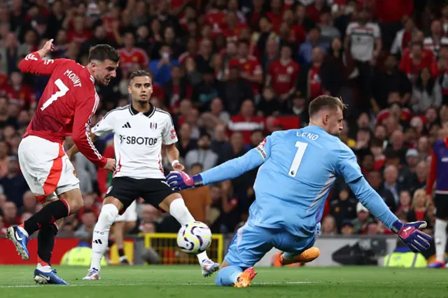 Bernd Leno  saves this attempt from Manchester United's English midfielder Mason Mount