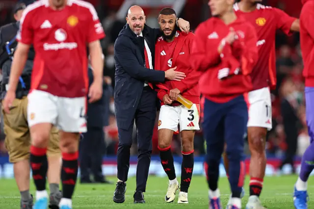 Erik ten Hag the head coach / manager of Manchester United celebrates with Noussair Mazraoui