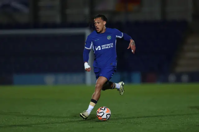 Diego Moreira of Chelsea during the Premier League 2 Round of 16 match between Chelsea FC U21 and Brighton and Hove Albion U21 at Kingsmeadow