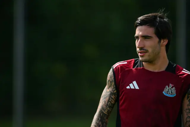 Sandro Tonali looks on during the Pre Season Training Session at the Adidas HomeGround Training Facilities on July 19, 2024 in Herzogenaurach, Germany.