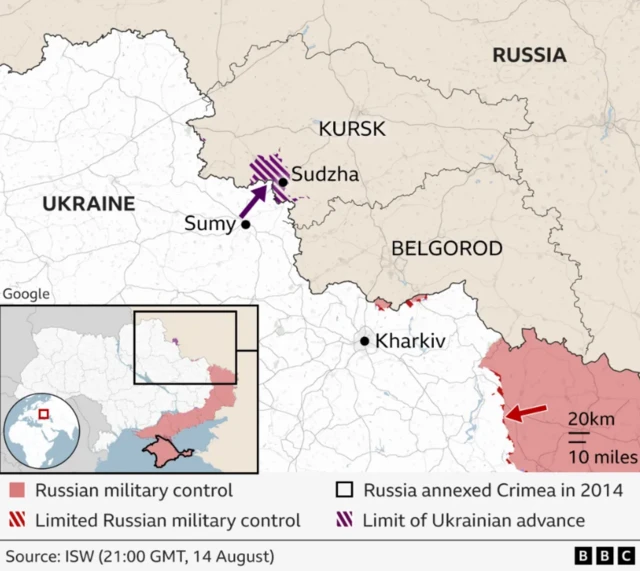 A BBC map showing Russian and limited Russian military control, Russia annexed Crimea in 2014 and the limit of Ukrainian advance